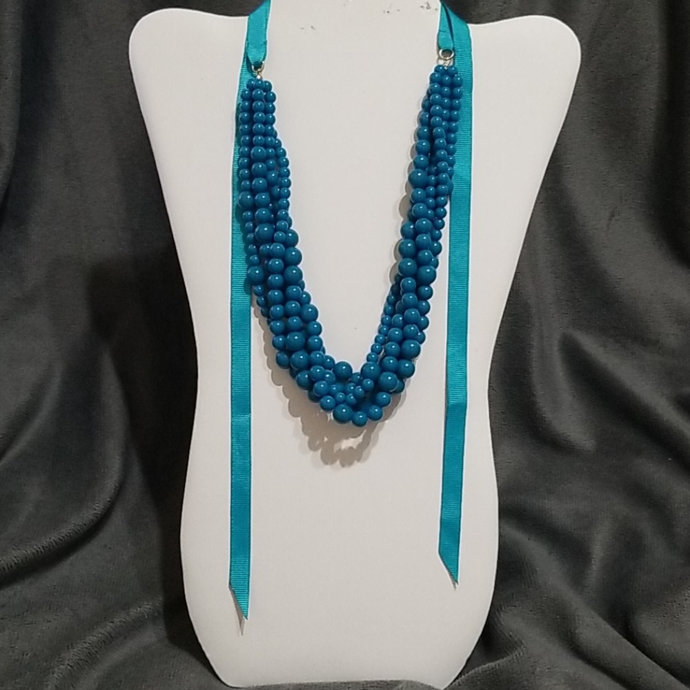 Multi-Strand Blue Bead and Ribbon Necklace